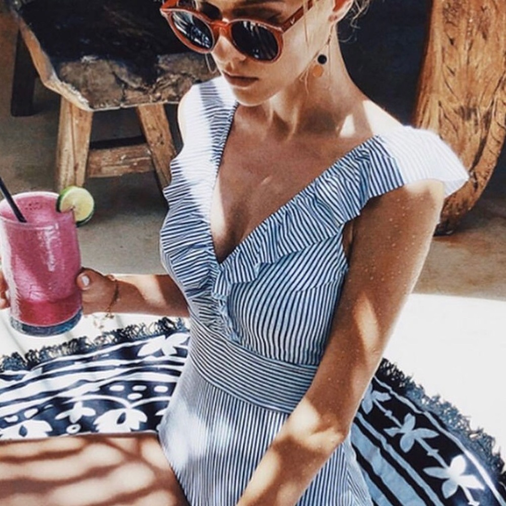 Blue and white striped ruffle one piece swimsuit